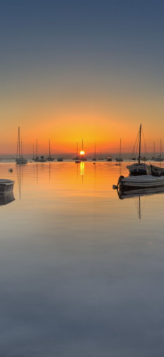 bay, boats, sunset, sea, dusk, quiet