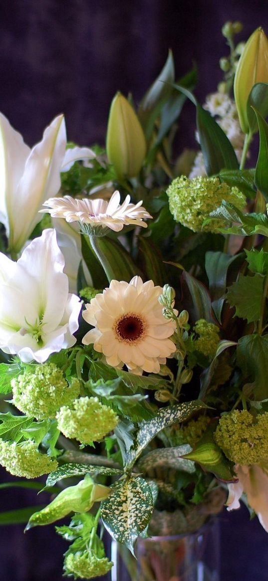 lilies, gerbera, flower, bouquet, leaves, song, vase