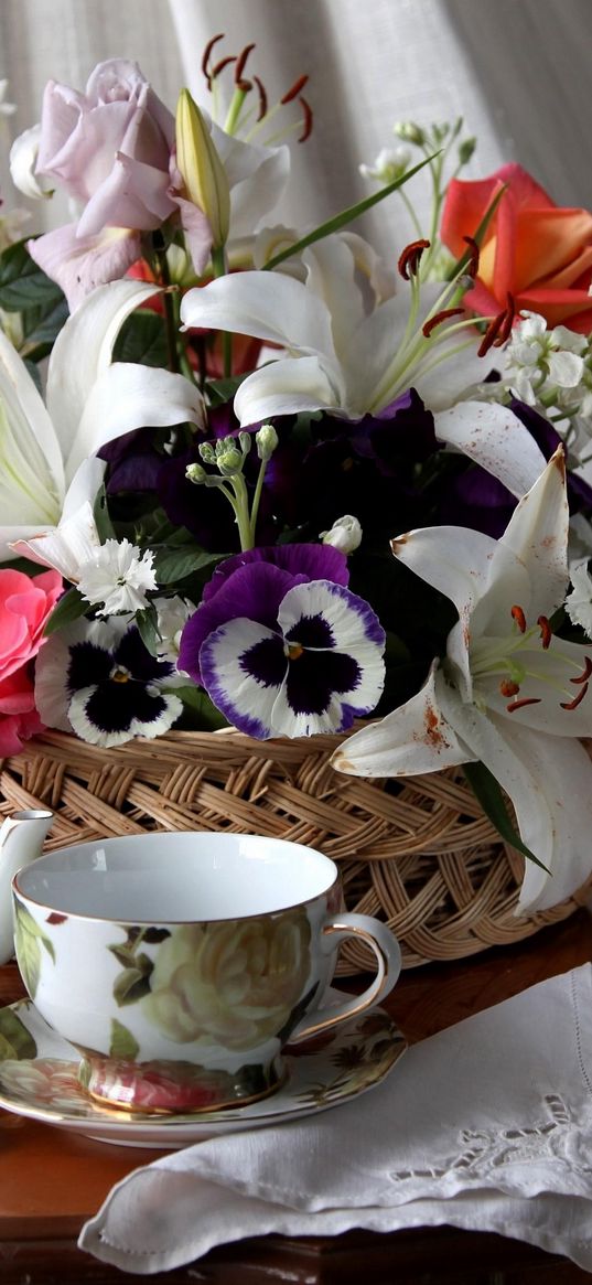 roses, lilies, pansies, flower, basket, table, tea