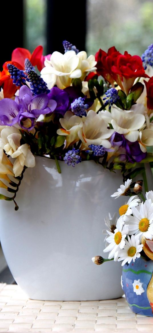 daisies, hyacinths, muscari, freesia, flowers, bouquets, beauty