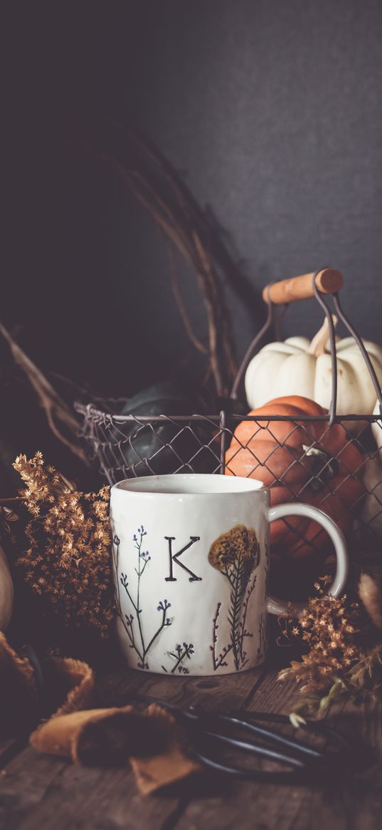 mug, pumpkins, dried flowers, autumn, aesthetics