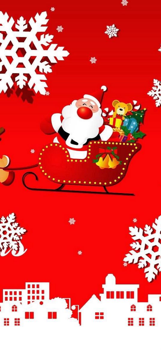 santa claus, sleigh, presents, reindeer, snowflakes, city, christmas