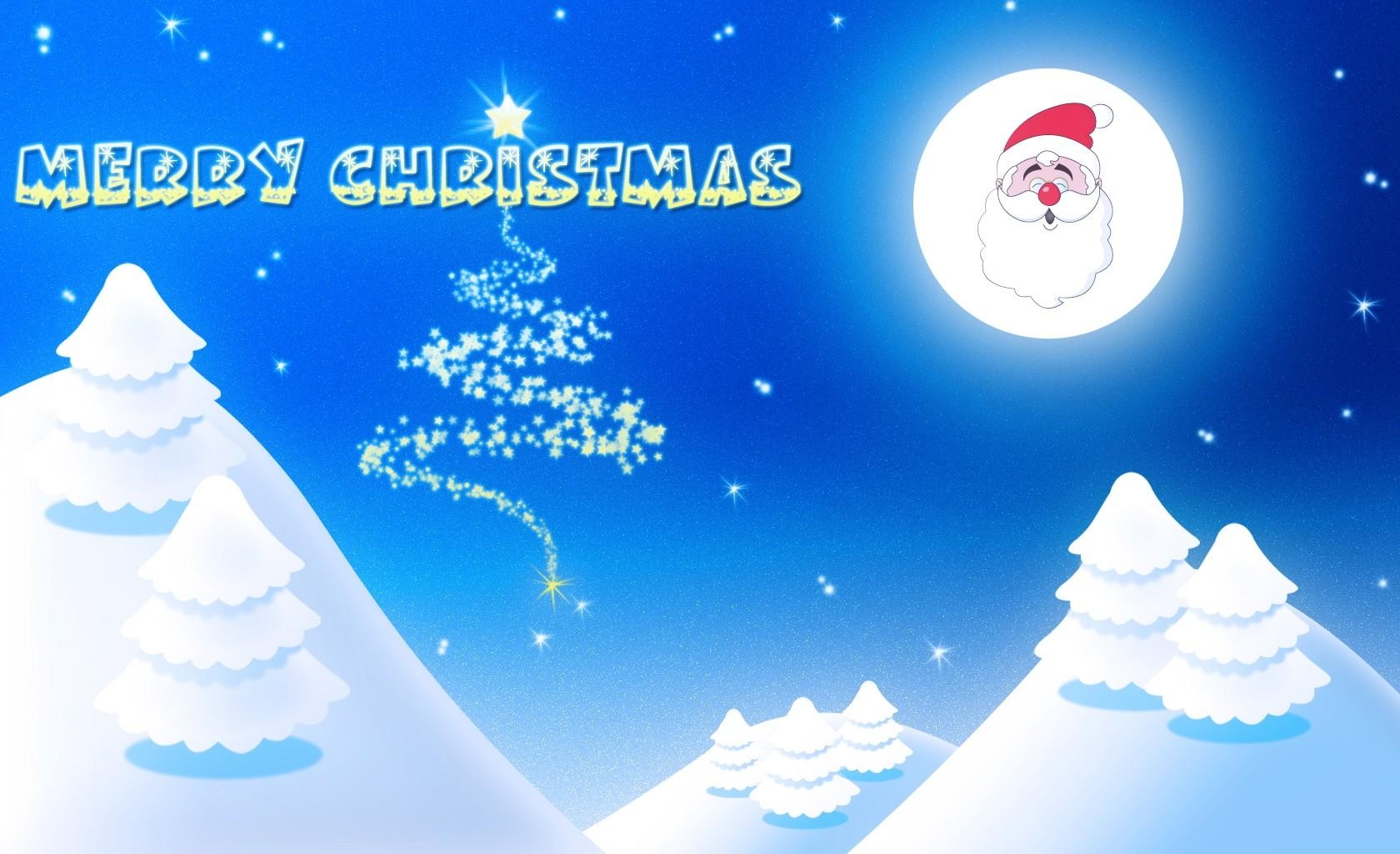 santa claus, smile, moon, tree, night, lettering, christmas