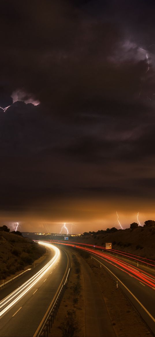 road, lights, lightning, clouds, night, freezelight