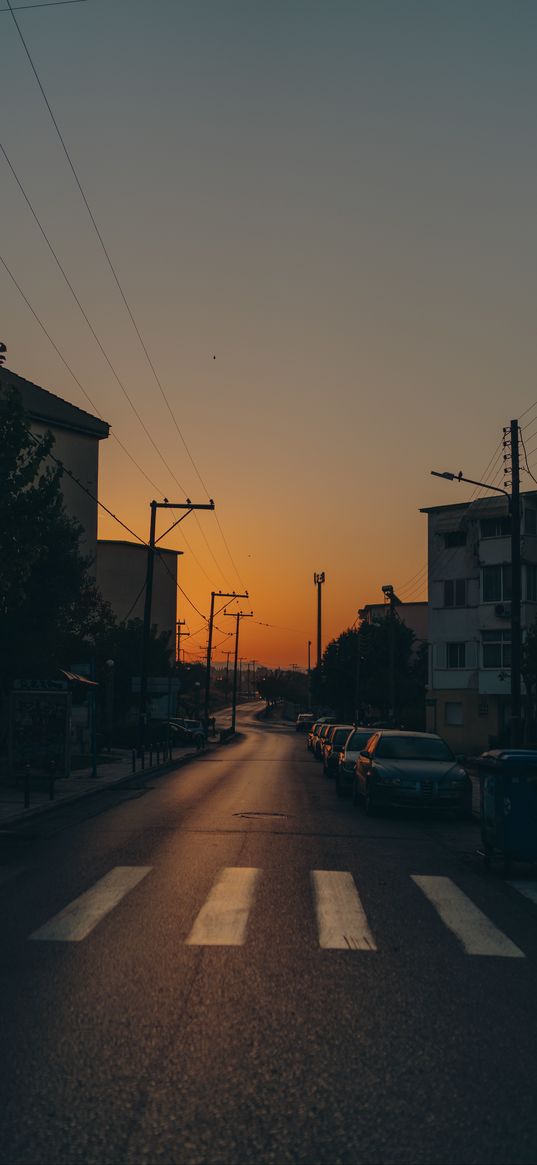 road, cars, buildings, twilight, dark