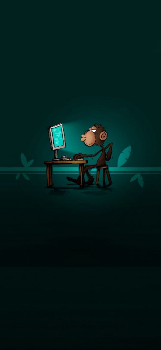 monkey, computer, green background, art