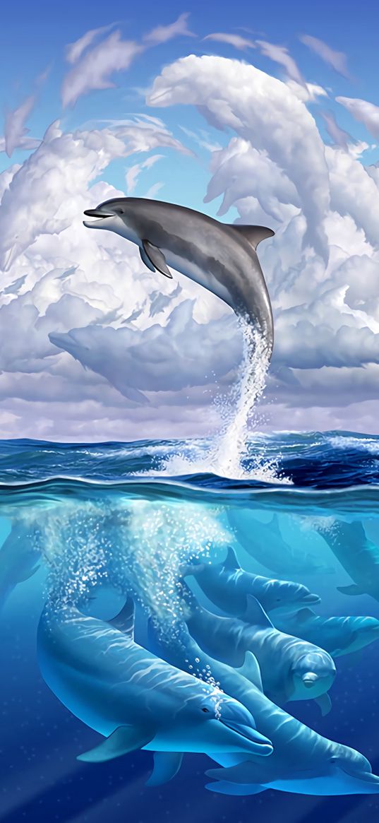 dolphins, clouds, waves, sea, sky