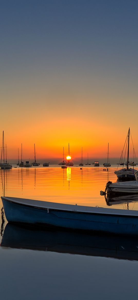 boats, masts, lake, sunset, horizon