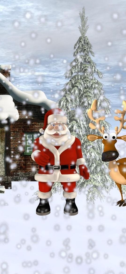 santa claus, reindeer, sleigh, gifts, home, snow, tree