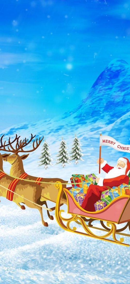 santa claus, reindeer, sleigh, presents, christmas, holiday, house, mountain