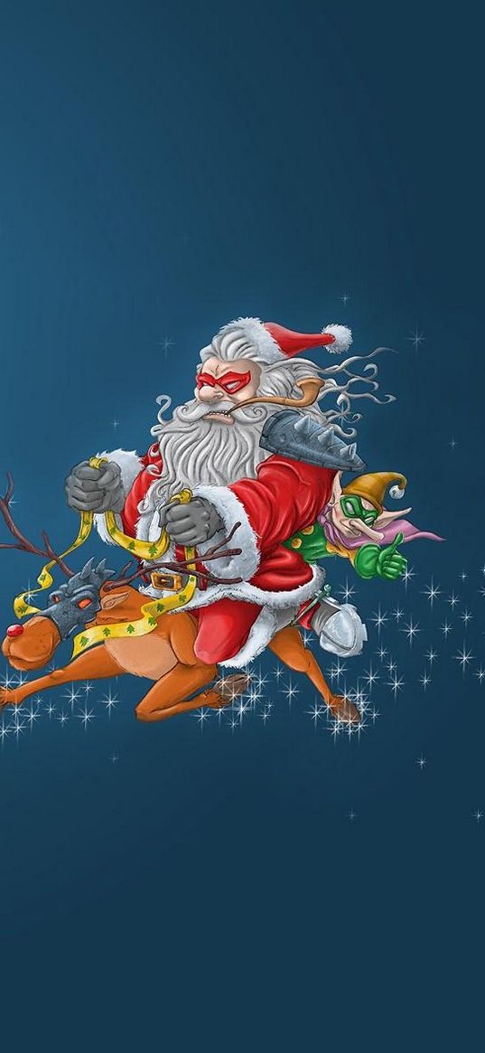 santa claus, reindeer, elf, flying, face, masks, christmas, villains