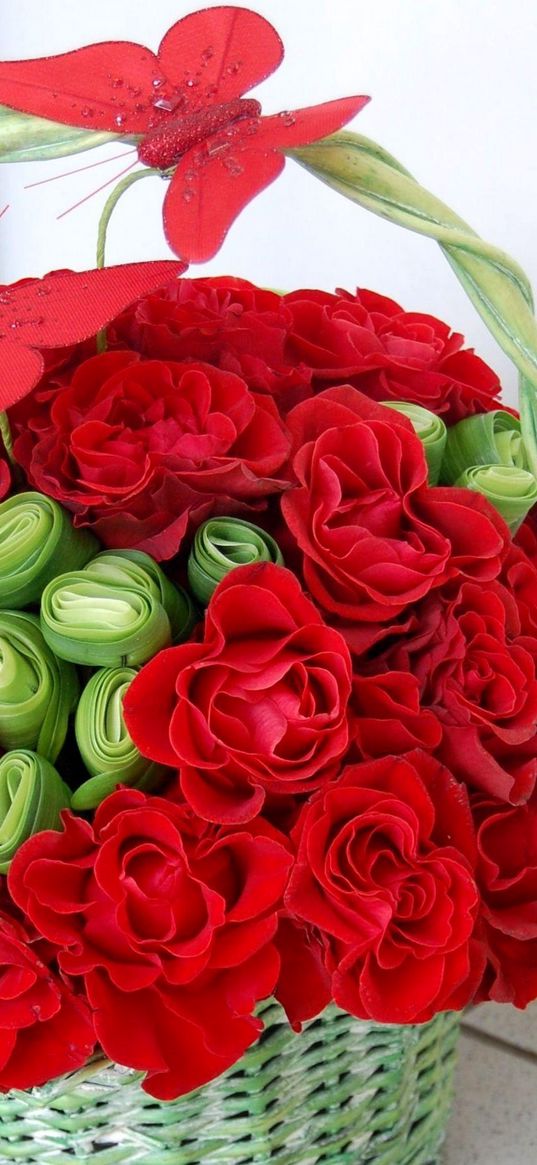 roses, flowers, basket, composition, butterflies