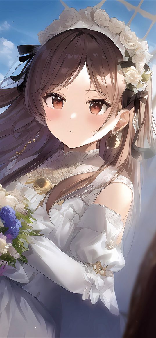 girl, bride, dress, flowers, bouquet, anime