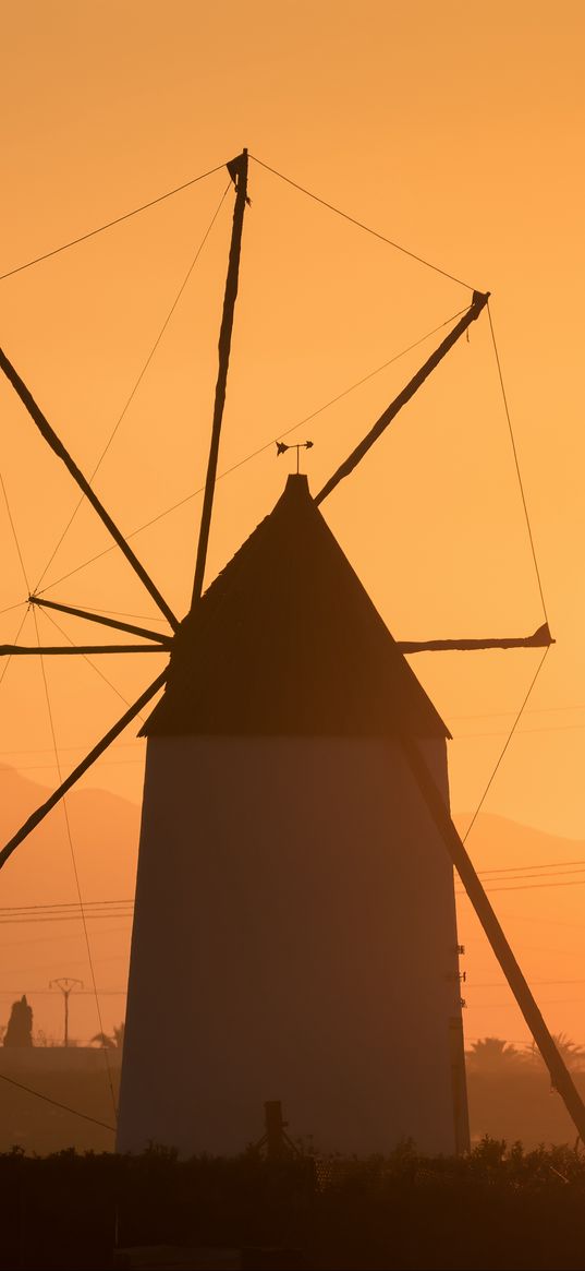 windmill, tower, fog, sunset