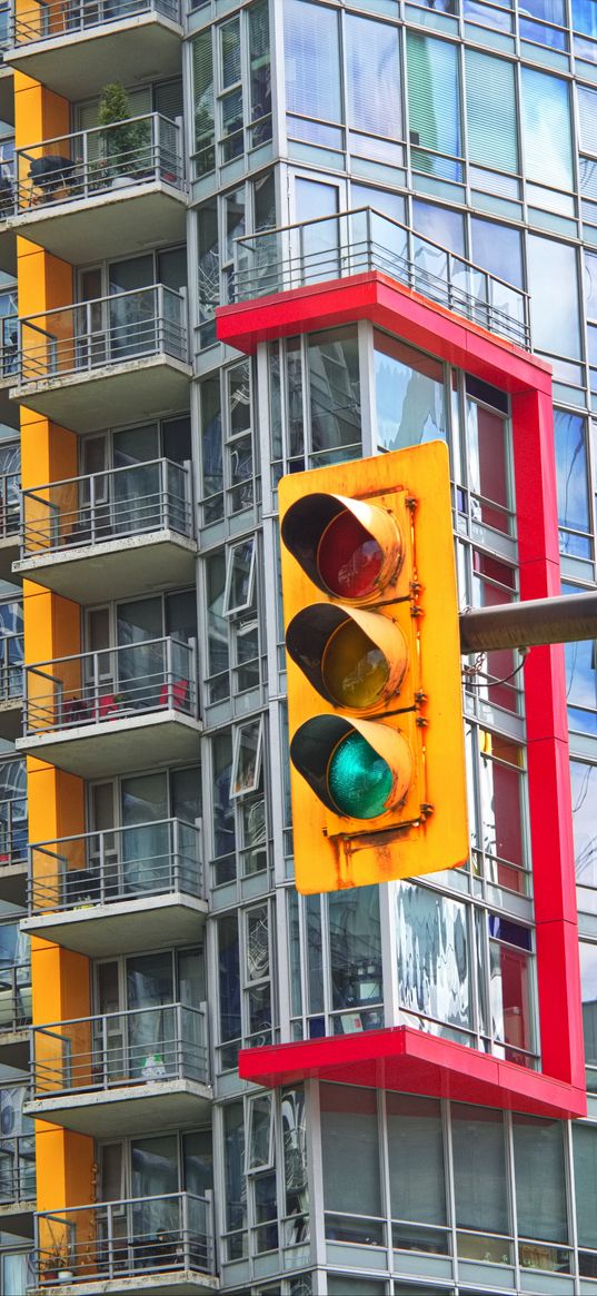 traffic light, building, balconies, facade, architecture