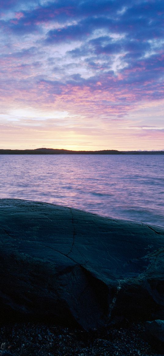 stone, cranny, sea, horizon, sunrise