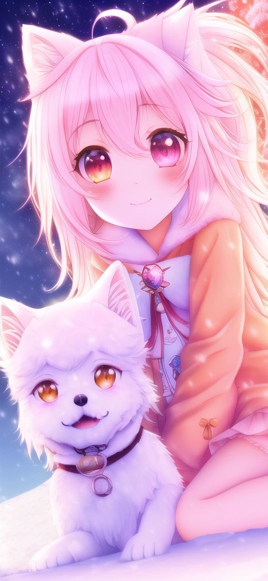 girl, smile, dog, pet, cute, anime