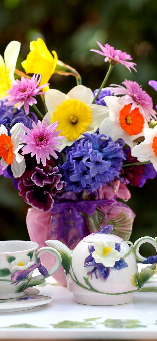 daffodils, hyacinths, pansies, flowers, vases, tea set, tray