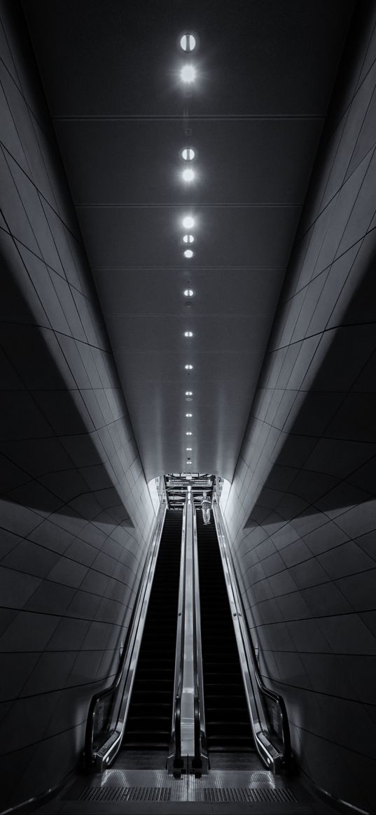 escalators, lights, subway, station, black and white, dark