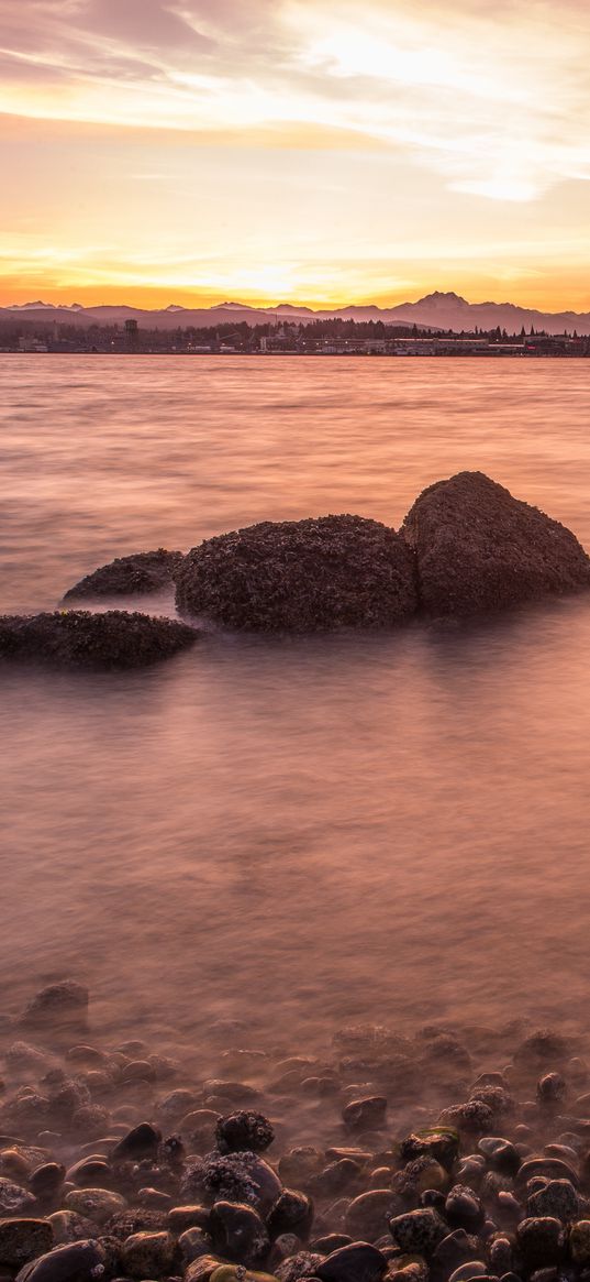 lake, pebbles, stones, hills, sunrise