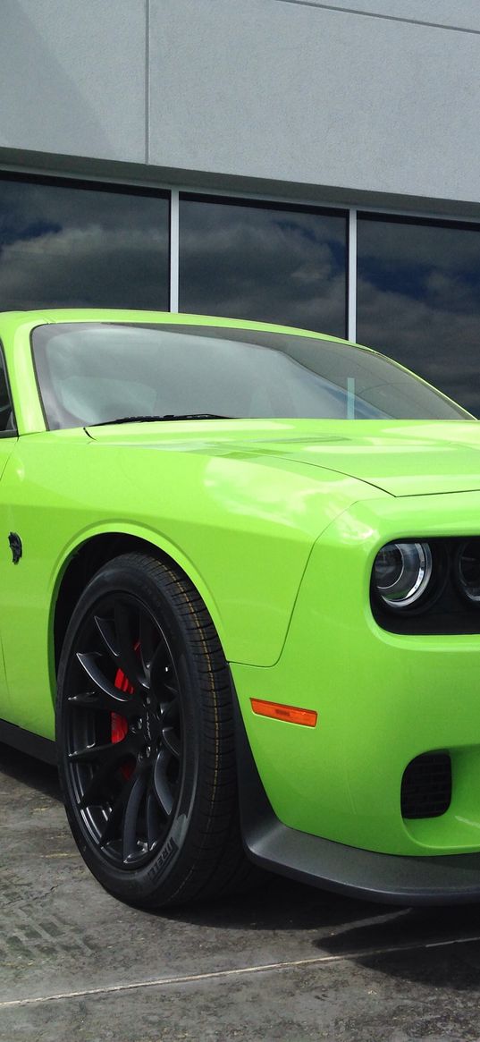 dodge challenger, dodge, car, green, front view, wheel