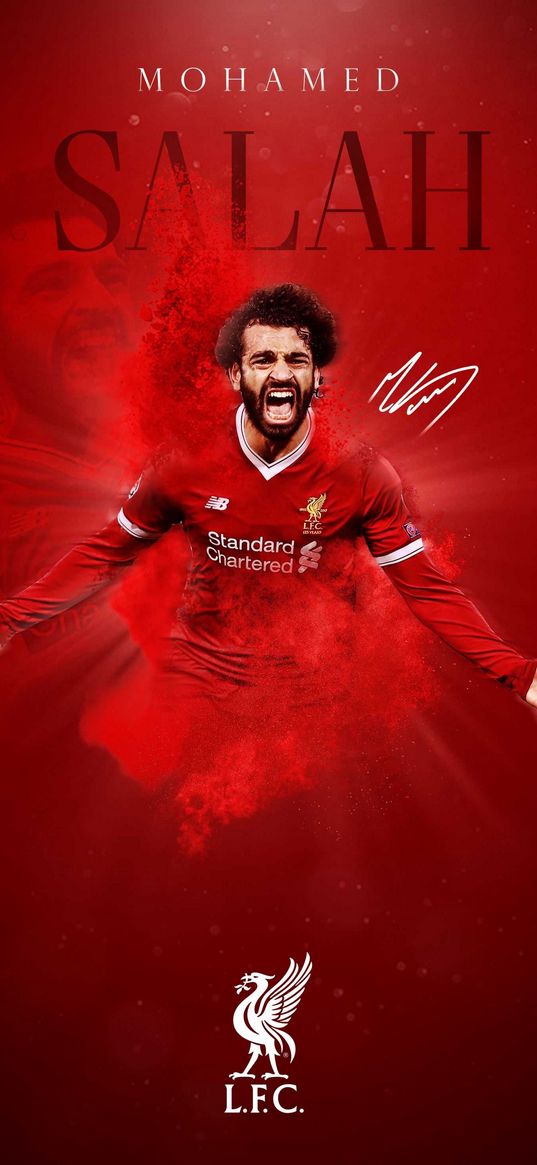 mohamed salah, footballer, liverpool, football, emotions, red background