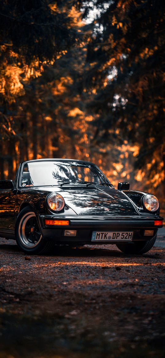 porsche, car, convertible, retro, road, forest, sunset