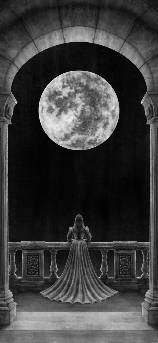 girl, silhouette, balcony, moon, columns, art