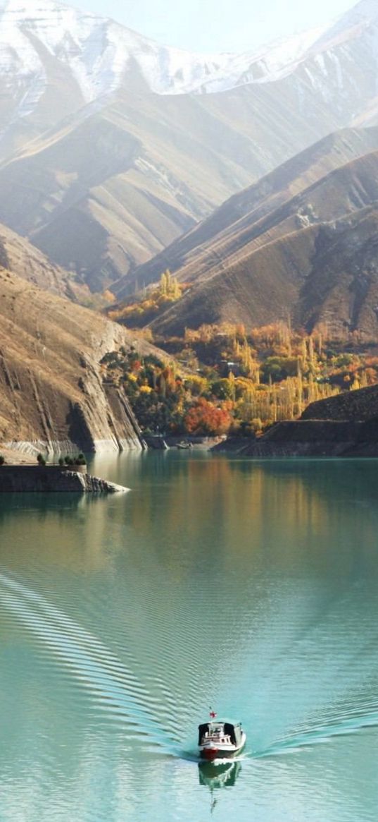 boat, waves, lake, mountains, landscape