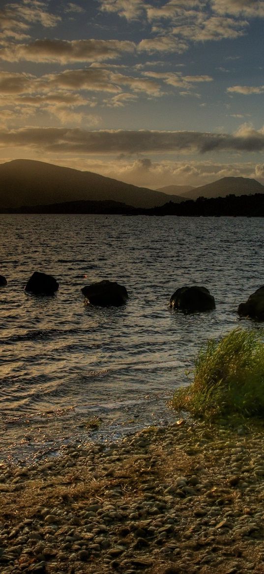 lake, stones, decline, evening, scotland