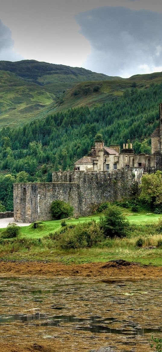 castle, mountains, wood, trees, bridge, lake, scotland