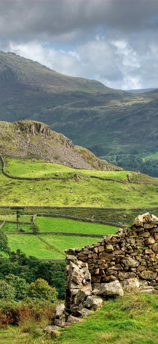 mountains, ruins, structure, scotland, agriculture, fields