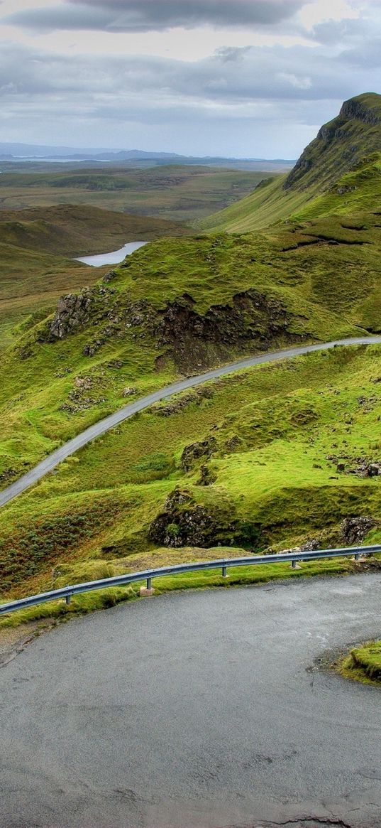 mountains, scotland, road, bends, person