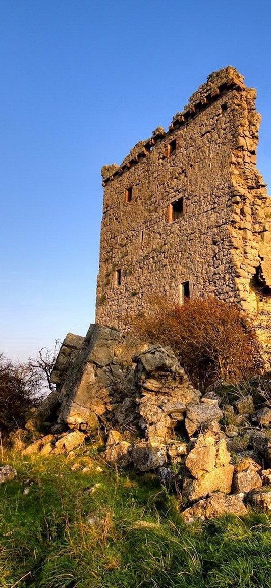 ruins, mountains, glade, construction, stones, architecture