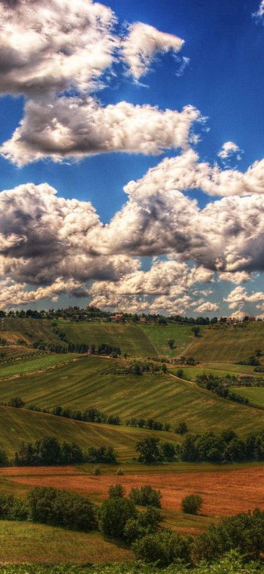 mountains, fields, clouds, shadows, agriculture