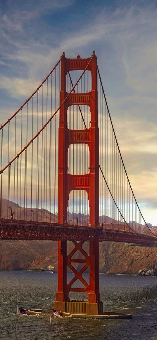 bridge, pilings, sea, mountains