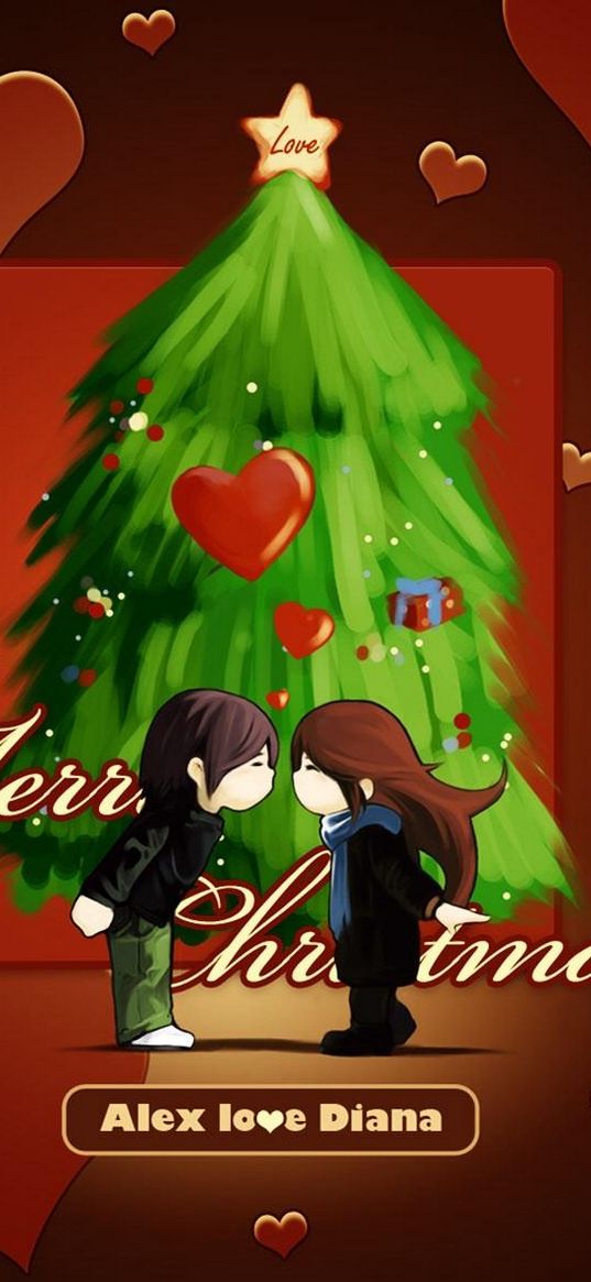 christmas tree, christmas wishes, couple, heart, kiss, mood, love