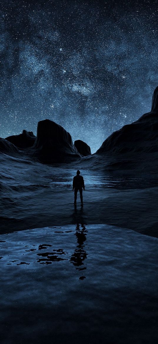 man, lonely, river, mountains, starry sky, stars, night