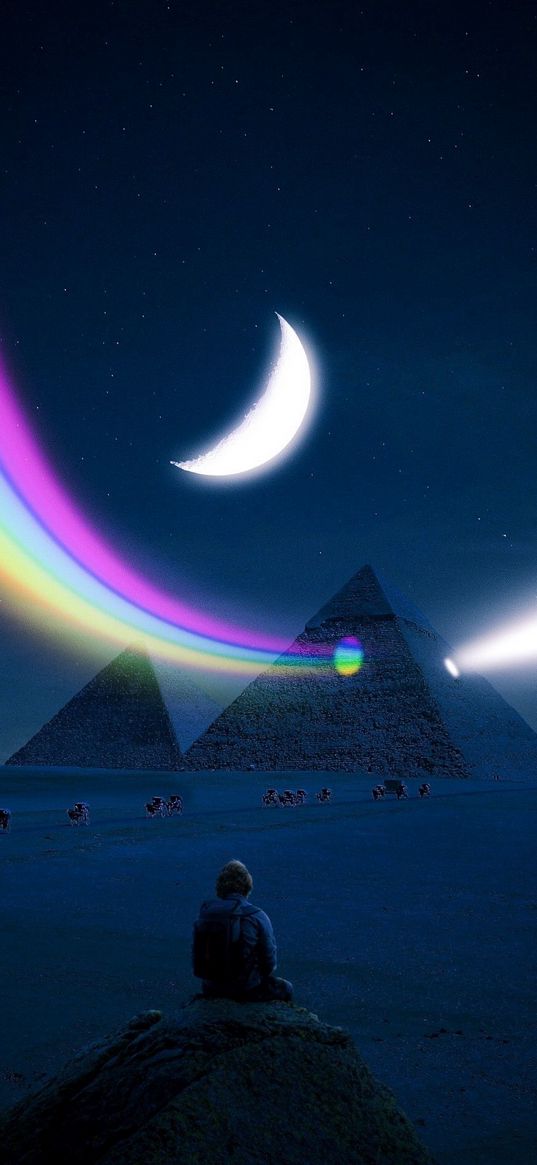 man, lonely, pyramids, egypt, desert, ray, rainbow, moon, night, fantasy