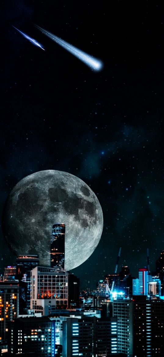 skyscrapers, buildings, lights, city, moon, comet, night