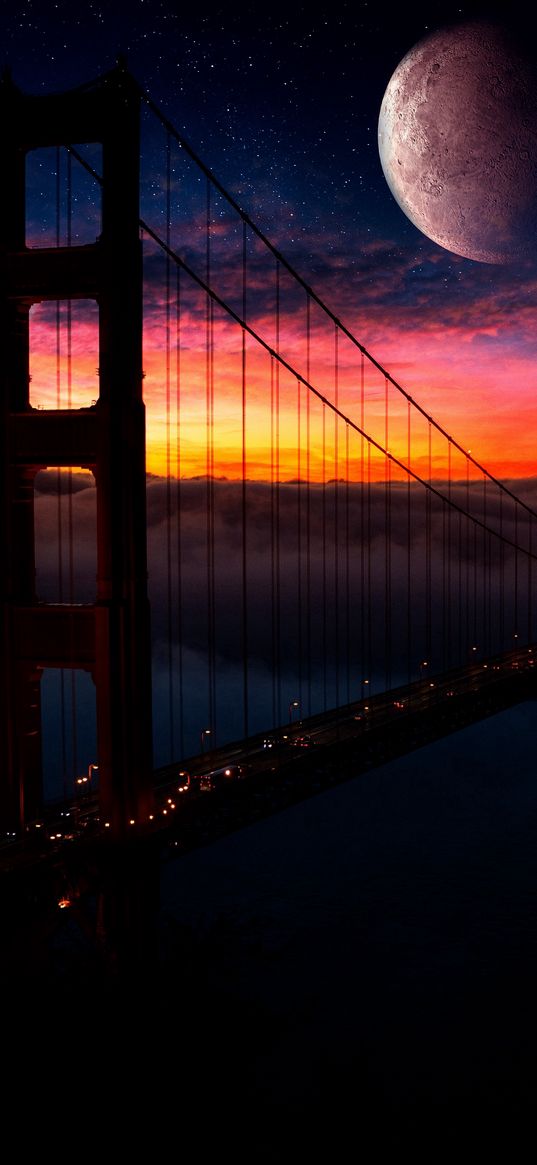 golden gate bridge, sunset, clouds, stars, moon