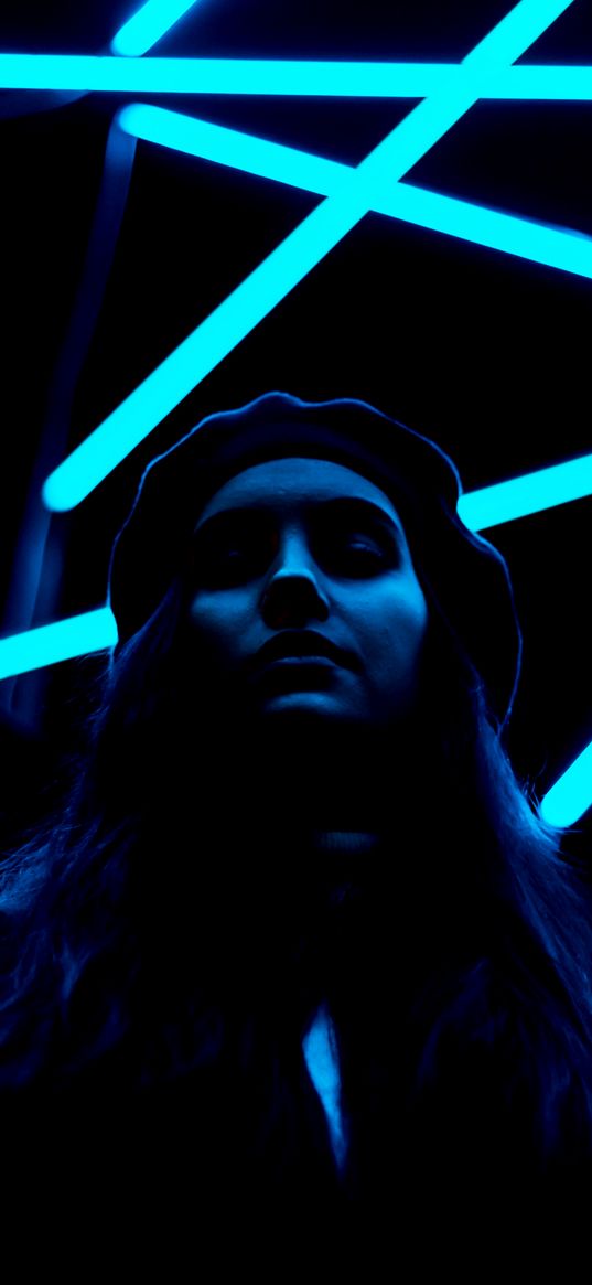 girl, beret, darkness, neon