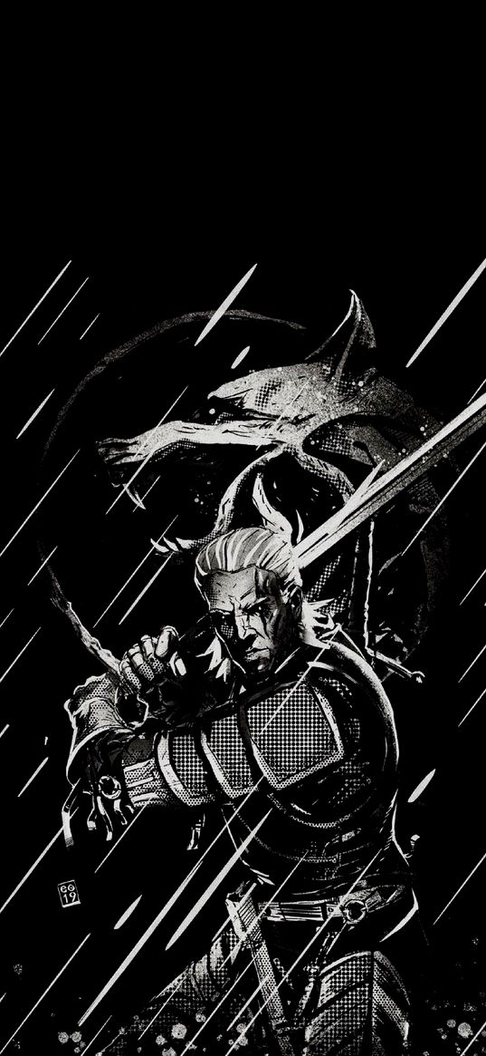 geralt, the witcher, character, sword, wolf, black background, art