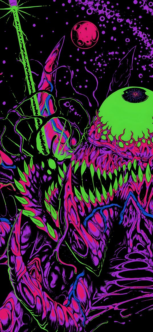 monster, teeth, eye, alien, space, green, purple, bright, neon, art