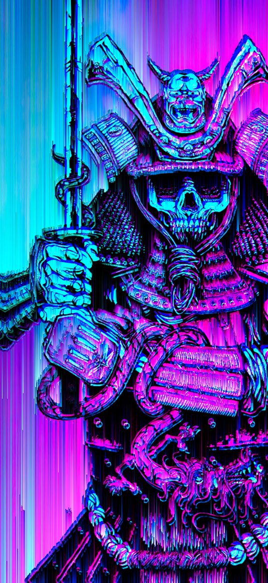 samurai, skeleton, skull, dragon, katana, armor, pink, blue, bright, art