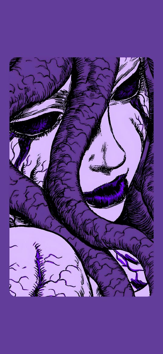 gorgon medusa, girl, sad, snakes, tears, purple background, art