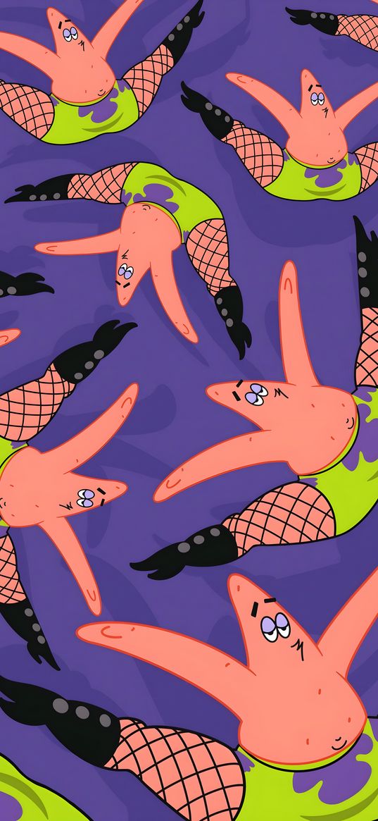 patrick, spongebob, cartoon, stretching, boots, stockings, purple background, art