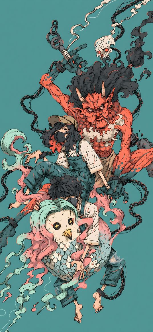 guy, girl, demons, monsters, fantasy, anime, turquoise background, art