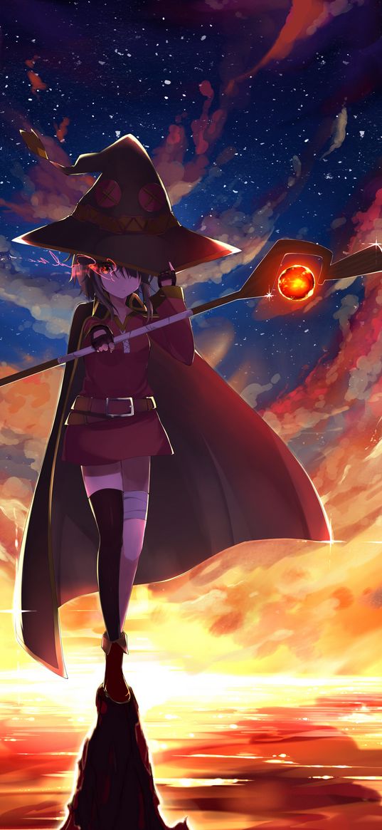 witch, magician, girl, hat, staff, clouds, sky, sunset, stars, anime, art