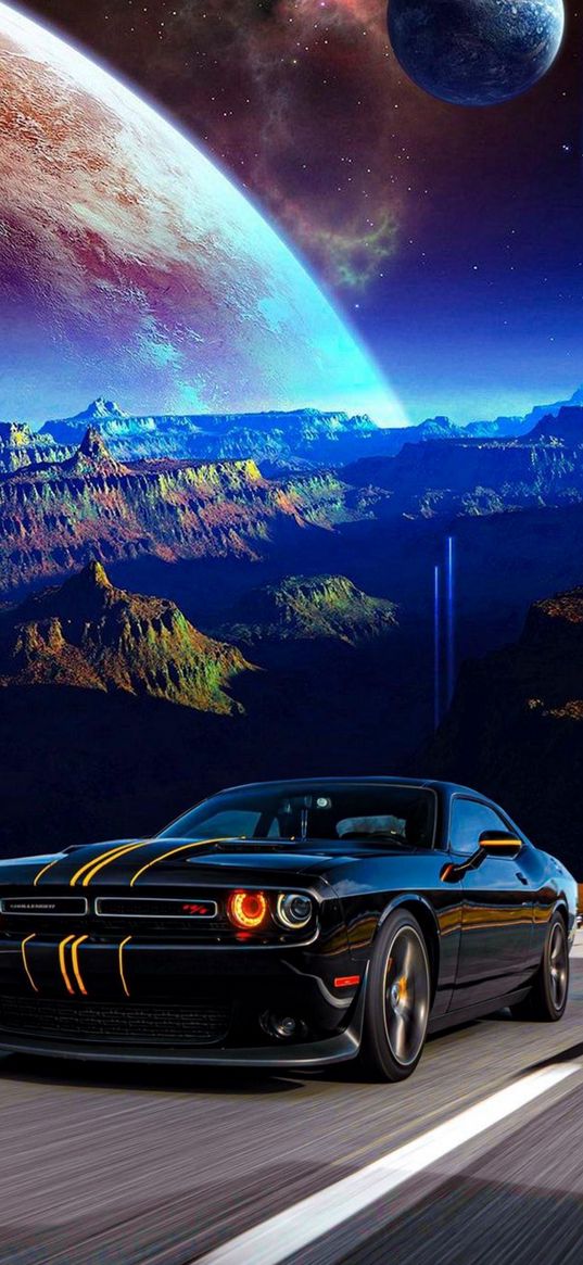 dodge challendger, dodge, car, road, planet, mountain